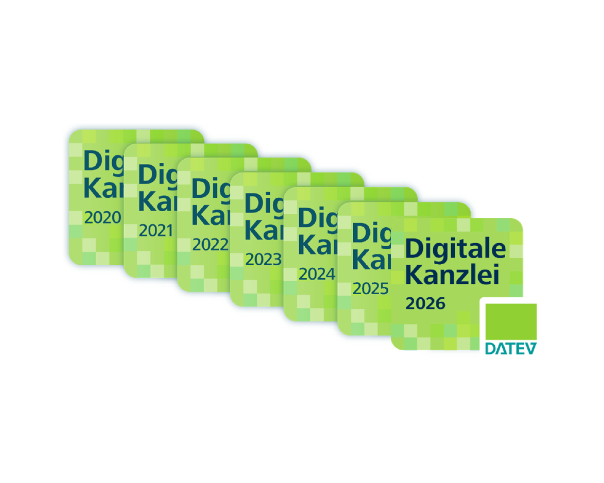 Sechs quadratische digitale Abzeichen in verschiedenen Grüntönen, die die Aufschrift „Digitale Kanzlei“ sowie die Jahre 2020 bis 2026 zeigen, mit dem Logo „DATEV“ in der unteren rechten Ecke.